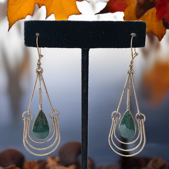 Malachite Green Stone Wire Design Earrings Teardrop Dangle Dainty Bohemian Gypsy - Picture 11 of 16